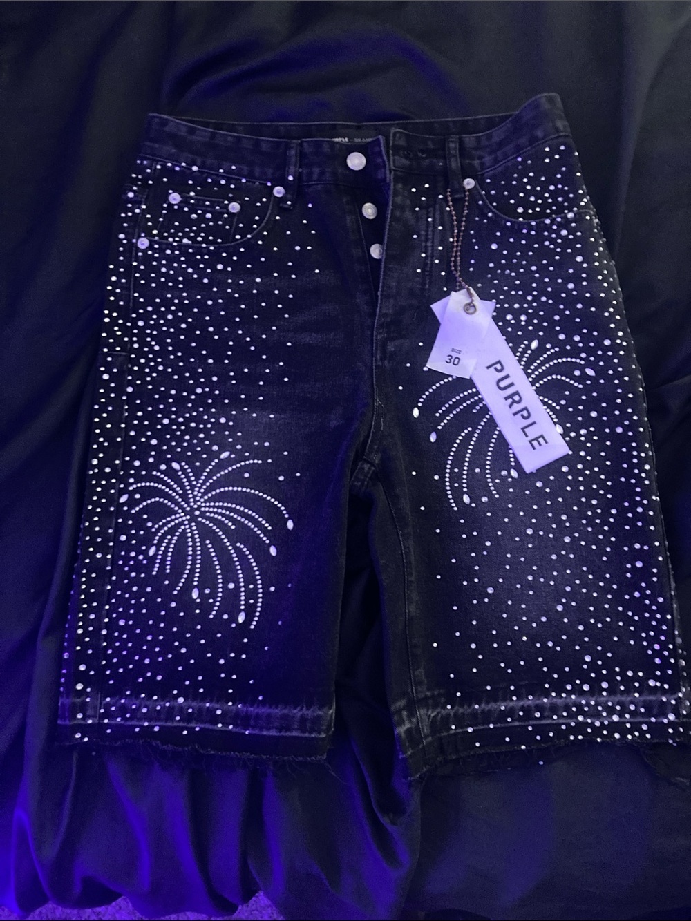 PURPLE Embellished Black Jean Shorts with Firework Crystal Detail